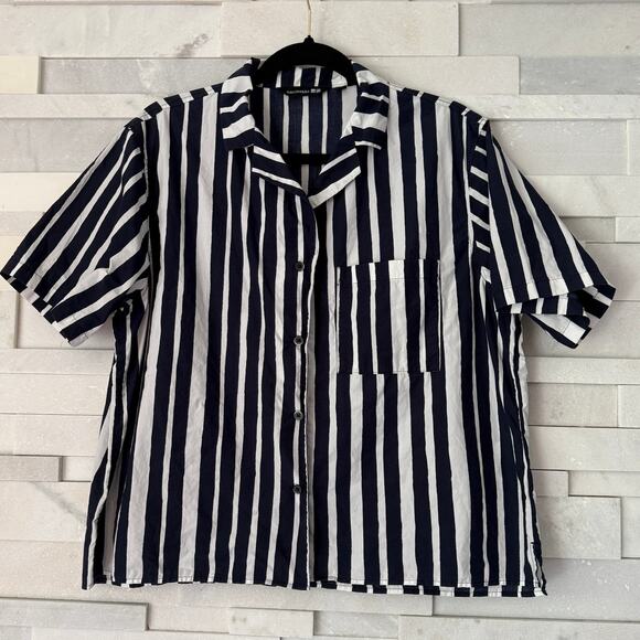 MARIMEKKO FOR UNIQLO 100% Cotton Boxy Bold Blue White Stripe Short Slv Shirt M - Picture 2 of 5